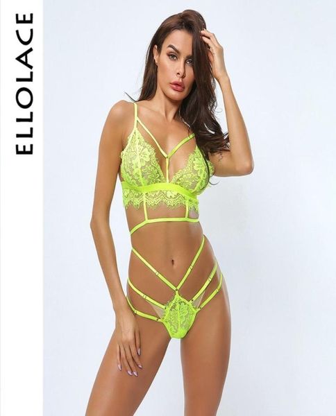 Ellolace Sexy Riemchen Dessous Set Spitze Bralette Transparent Unterwäsche Wireless verstellbare Gurte Vstring BH und Slipset Y4313553