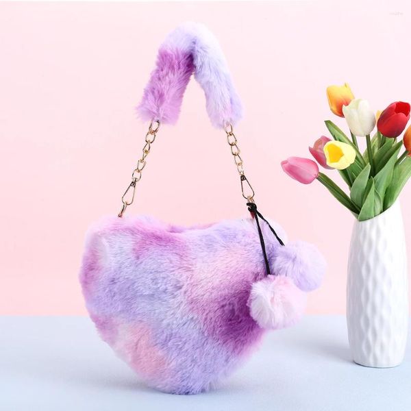 Umhängetaschen für Damen, pelzige Tasche, Tie Dye, Liebesherz, Hobo, Farbverlauf, Fuzzy, Umhängetasche, Plüsch, Unterarm, Winter, Pendeln