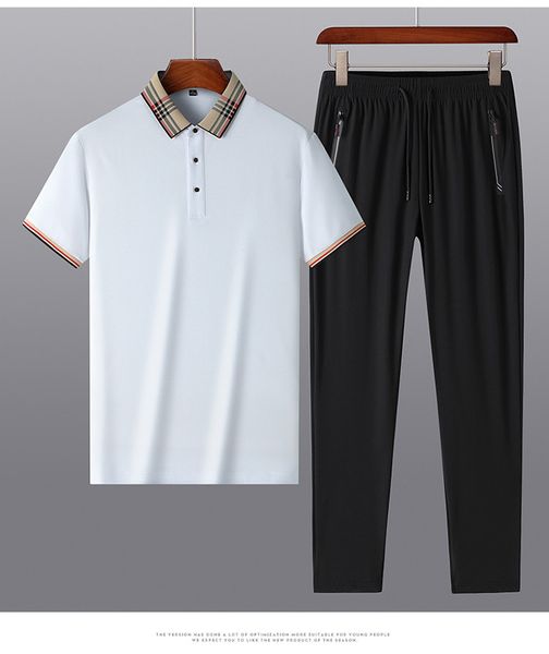 Sommer-Freizeitanzug für Herren, langstapeliges Baumwoll-Poloshirt, kurzärmeliges T-Shirt, Eisseide, elastische Freizeithose, zweiteiliges Set