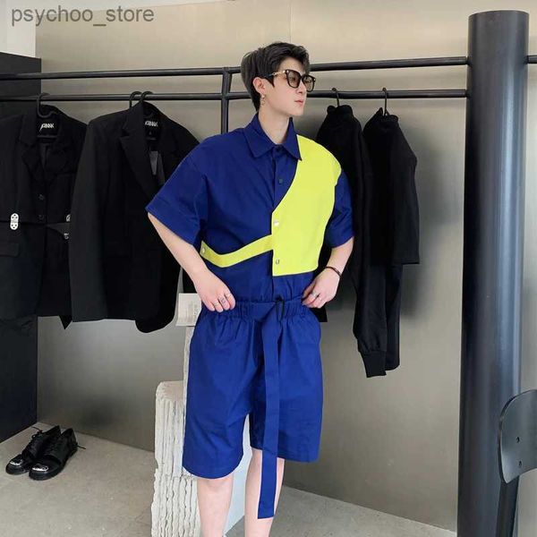 Tute da uomo Abbigliamento da lavoro ampio da uomo estivo personalizzato con giunture a contrasto di colore moda coreana tuta a maniche corte a maniche corte Q240314