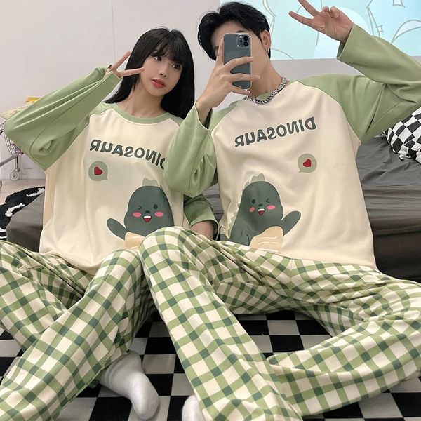 Dinosauro Cartoon Sleepwear Pigiama di cotone Coppia Pigiama a maniche lunghe Completo Pijama Donna Uomo Pigiama Taglie forti Pjs Abbigliamento per la casa 240304