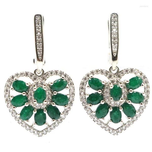 Ohrhänger, 33 x 18 mm, fantastische Herzform, echter grüner Smaragd, weißer CZ, Damen-Dating-Silber, ein Blickfang