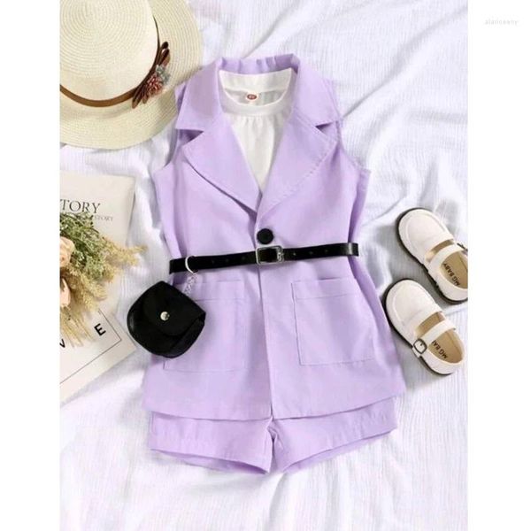 Conjuntos de roupas Focusnorm 4 pcs moda meninas roupas 1-6y sólido sem mangas colete turn down colarinho blazer casaco shorts com cintura saco