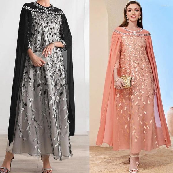 Roupas étnicas Luxo Dubai Marroquino Kaftan Preto Rosa Árabe Vestido de Noite com Capa Manga Strass Lantejoulas Mulheres Muçulmanas Festa de Casamento