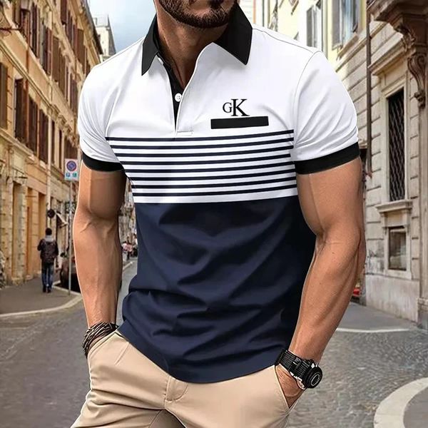 T-shirt polo con stampa di lettere a righe divertenti per uomo T-shirt con bottoni bavero moda camicetta hip-hop tendenza streetwear estate magliette a maniche corte 240301