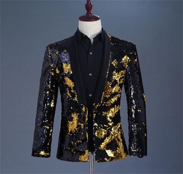 Moda che cambia nero oro paillettes blazer uomo fantasia paillette matrimonio cantante stage perfor giacca annuale DJ blazer homme 3XL 24791056