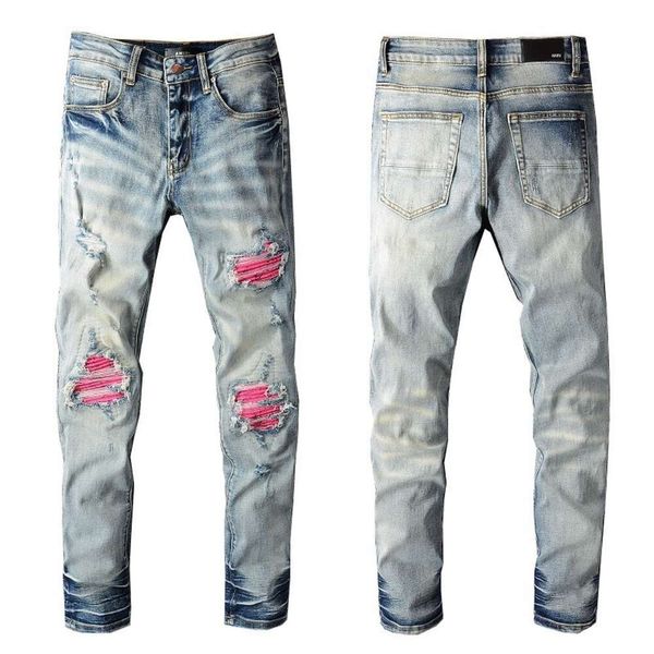Herren-Hellblau-Block-Jeans mit Lochpatch in schillernden Farben, elastische, eng anliegende Jeans mit kleinem Bein, trendiger High-Street-Hip-Hop