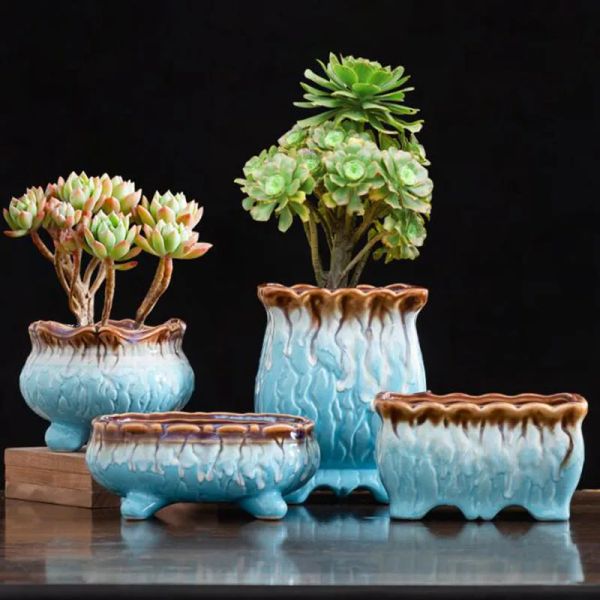Pflanzgefäße, kreativer blau glasierter Sukkulententopf, großer Durchmesser, atmungsaktive Blumentopfvase mit einem Loch, für Garten, Garten, Heimdekoration