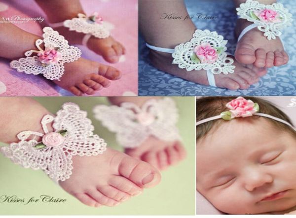 Schönes Geschenk für Kinder BalleenShiny 3PCS Blumenstirnband Baby Mädchen Barfuß Sandalen Haar Fußzubehör Elastische Mode Fußdekoration9515040