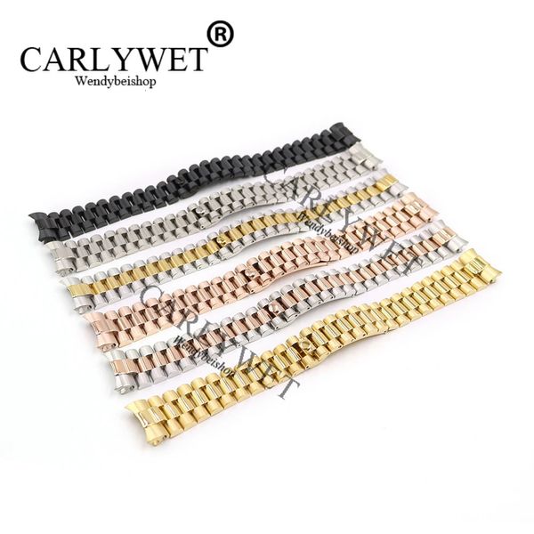 CARLYWET 20mm Argento Nero Medio Oro Solido Estremità curva Vite Collegamento Orologio da polso in acciaio inossidabile Bracciale per Presidente 240301