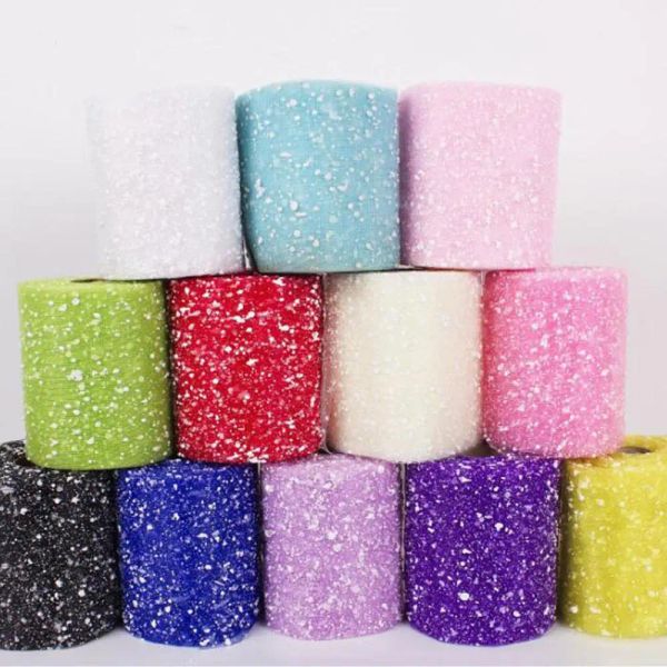 Tessuto 15 cm*20yard Point Snow filo secco Tulle rotolo falso glitter in rete in rete decorazione di matrimoni per imballaggio di fiore