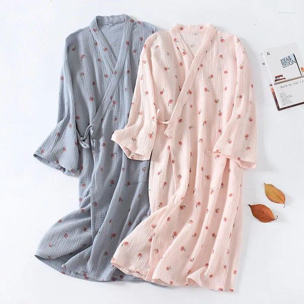 Mulheres sleepwear japonês quimono pijama para mulheres impresso algodão crepe feminino casa nightdress primavera verão cardigan meia manga camisola