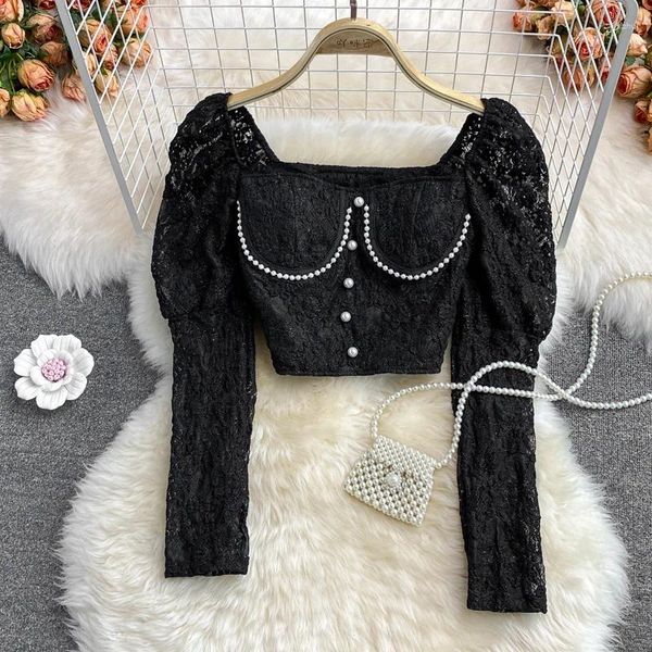 Frauen Blusen Camisa Feminina Quadratischen Kragen Perlen Perle Puff Sleeve Blusas Mujer Französisch Chic Solide Hohl Heraus Spitze Bluse frühling