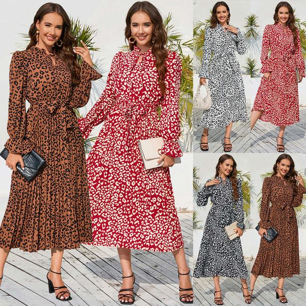 2024 herbst/winter frauen Tragen Neue Slim Fit Stil Leopard Muster Stehkragen Spitze Up Plissee Casual Mid länge Kleid