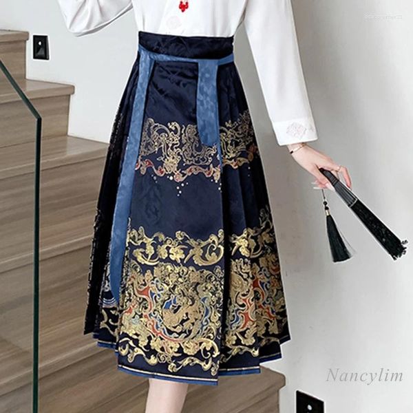 Юбки в китайском стиле, юбка с конским лицом, женская осенне-зимняя юбка миди Ming Hanfu, повседневная одежда, пригородная национальная женская одежда