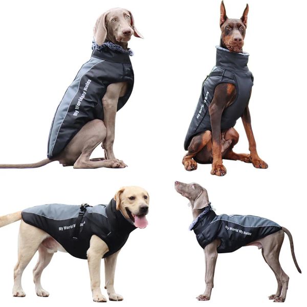 Куртки Водонепроницаемая куртка для больших собак Пальто с шлейкой Зимняя теплая светоотражающая одежда для домашних животных для средних и больших собак Одежда для питбулей с меховым воротником