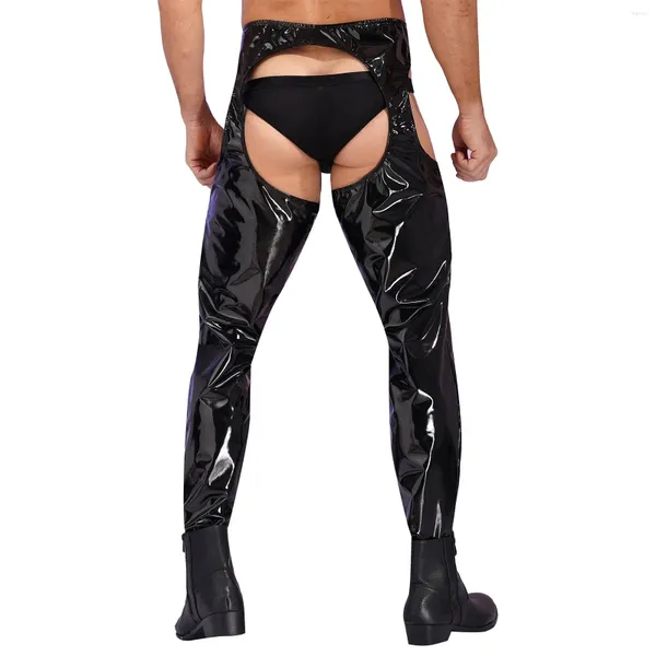 Calcinha feminina masculina lingerie crotchless aberto bupants molhado olhar cintura alta recorte virilha leggings couro patente calças magras clubwear