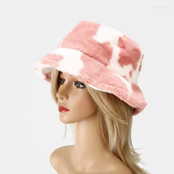 Berretti Donna Cappello da pescatore da pesca a tesa larga da viaggio Donna Inverno Nero Bianco Modello di mucca Plus Velluto peluche Cappello da pescatore spesso caldo R42