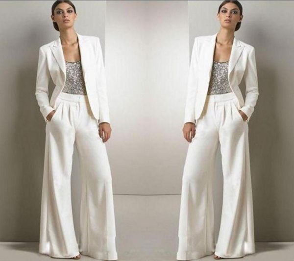 2022 nuovi paillettes bling pantaloni bianchi avorio abiti per la madre della sposa smoking formali in chiffon da donna abiti da festa moda modesto2547379