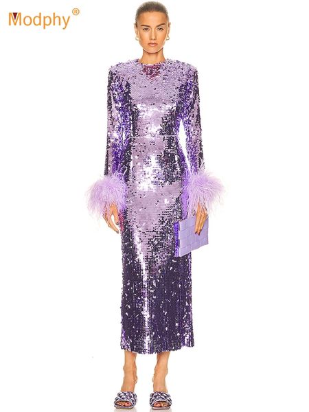 Modphy sexy paillettes di lusso piuma abito lungo abito elegante paillettes viola a maniche lunghe abiti da carrozzeria da donna abiti da sera 240229