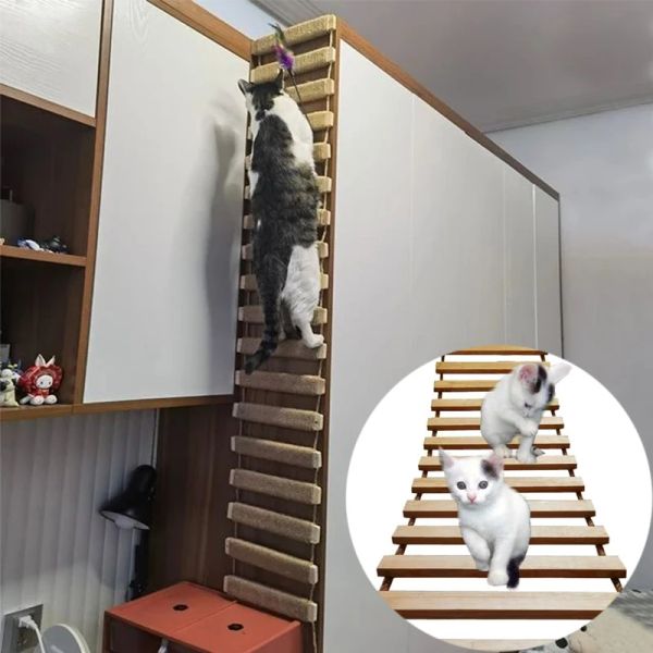 Arranhadores para gatos, escada de madeira sólida para montagem na parede, árvores para arranhar, móveis para escalada, corda, brinquedos para escalada