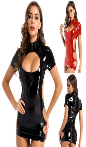 Damen Sexy Damen Wet Look Kostüm Kleider Pole Cocktail Leder Nackte Brust Minikleid PVC Latex Kurzarm Reißverschluss hinten Clubwe4324363