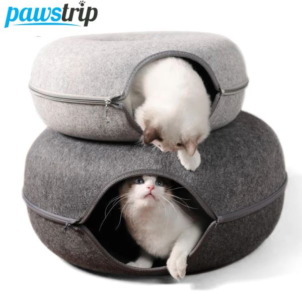 Esteiras donut cama de gato para 2 gatos pet gato túnel brinquedos gatinho casa cesta interativo jogar brinquedos para gatos natural feltro coelho caverna ninho