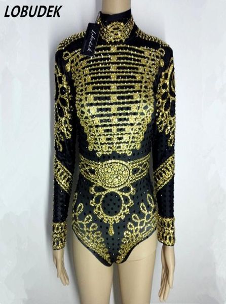 Bodysuit preto dourado rhines cristais brilhantes collant elástico catsuit estilo ocidental feminino cantor bar dj trajes festa show feminino jum6760783