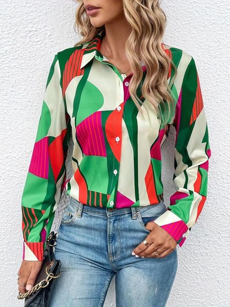 Frauen Blusen Shirts Geometrische Figur Print Button Hemd 2024 Frühling Sommer Plus Größe Weibliche Kleidung