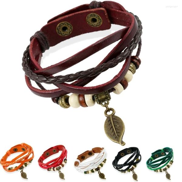 Charme pulseiras trançado vintage folha pingente de couro pulseira botão ajustar jóias de aço inoxidável personalidade homens mulheres