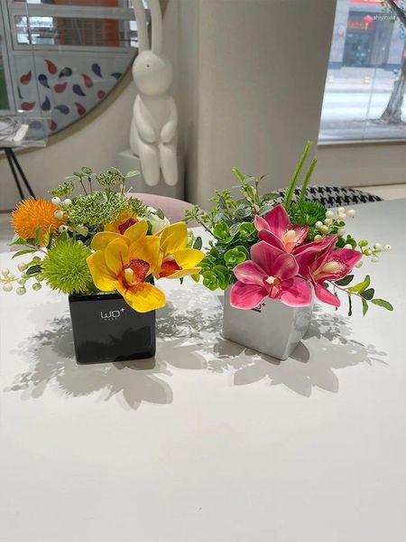 Flores decorativas de alta qualidade cymbidium imitação artificial sala estar mesa exibição orquídea vasos plantas decoração para casa