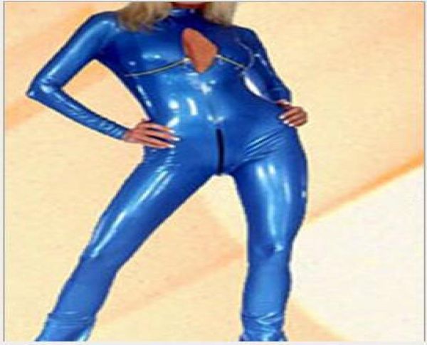 Wetlook Shiny Blue Leather Catsuit Costume Crotchless Busto aperto Tuta in ecopelle Sexy Body in lattice Donna Nightclub Wear4701173