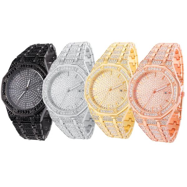 HipHop Iced Out Uomo Donna Orologio Luxury Data Quarzo Bling Pieno Strass Orologi Catena a mano cubana Gioielli di moda 240306