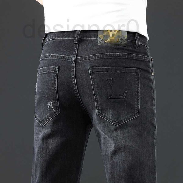 Calças de brim masculinas designer de marca de moda calças de brim dos homens coreano magro ajuste fino grosso bordado cinza calças compridas 82ly