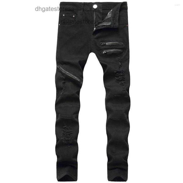 Jeans rasgados masculinos moda lápis cor sólida cintura alta calças rasgadas com zíper design justo para homens