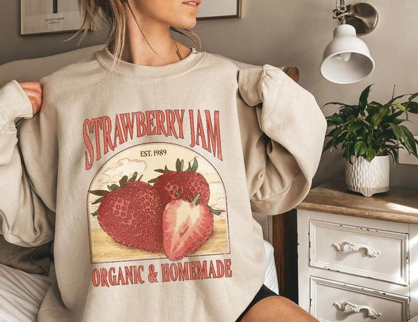 Felpe con cappuccio da donna Felpa con motivo vintage con stampa di marmellata di fragole Felpa casual a maniche lunghe girocollo Pullover Y2K Abbigliamento donna