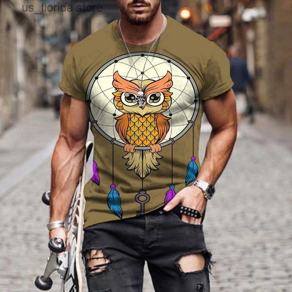 Erkek Tişörtler Retro Mens T-Shirt 3D Baskılı Hayvan Baykuş T Yaz Kişilik Moda Kısa Slves Kısa Slves O boyun büyük boy üstler y240314
