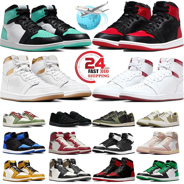 Kutu Ücretsiz Nakliye Jumpman 1 Düşük Siyah Zeytin Basketbol Ayakkabıları 1s Mens Trainers Kadın Spor Ayakkabıları Yeşil Glow Saten Bred Royal Reimainned Bred Patent Açık Hava Sporları