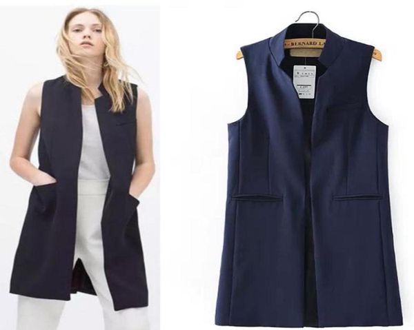 Donna039s Colletto alla coreana Aperto sul davanti Gilet lungo Gilet Cardigan Blazer Giacca senza maniche Completo Donna Gilet lungo da lavoro7988661