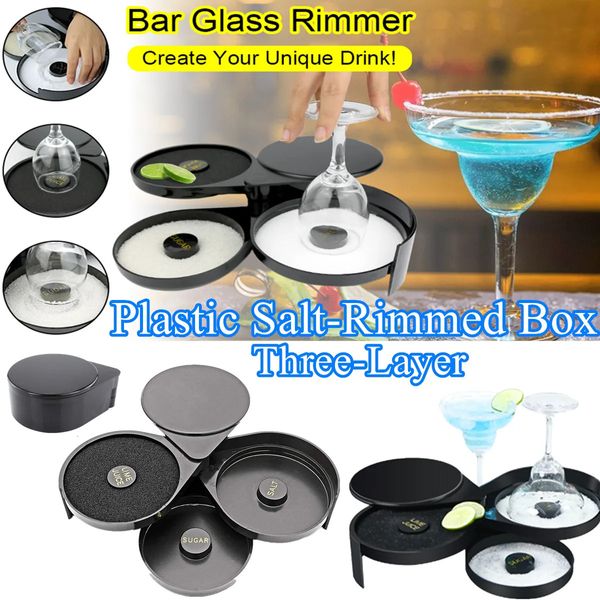 3-Tier Bar Juice Tempero Rimmer BoxBlack Plastic Glass Rimming para CocktailsBartender Ferramenta Sugar Salt Rimmer para Bar Party 240304