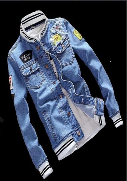 Männer Abzeichen Patch Denim Jacke Männer Herbst Coole Trendy Herren Jean Casual Mantel Outwear Stehkragen Motorrad Cowboy Jacken2651954