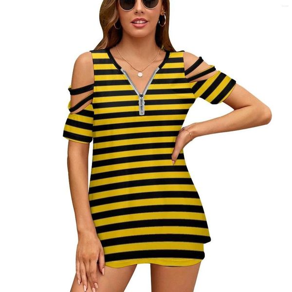 Camisetas femininas Abelha preta e amarela |Camiseta listrada de Halloween com estampa fashion com zíper e decote em V manga curta