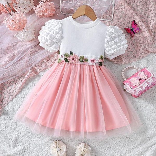 Vestidos para meninas, lindos, crianças, meninas, vestido bordado, flor, manga curta, renda, princesa, festa, baile, tule, 1-5 anos