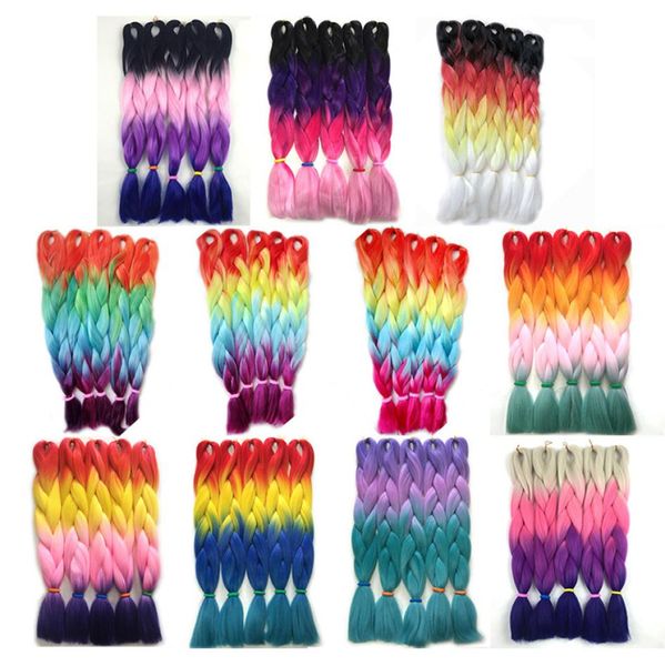 Kanekalon Estensioni dei capelli intrecciati a quattro toni Viola Rosa Rosso Blu Biondo Ombre Jumbo Trecce all'uncinetto Capelli 24 pollici 100g6403138