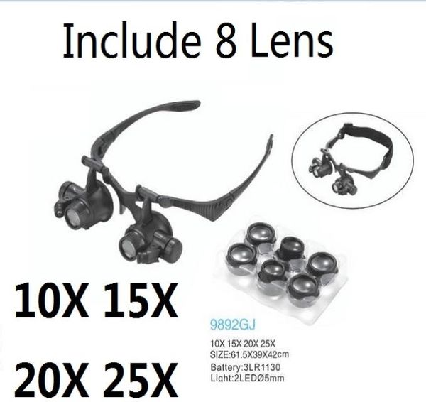 Büyüteç 10x 15x 20x 25x Göz Takı Saati 2 LED ışık ve 8 lens yeni Loupe Microscope8768304