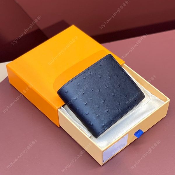 En iyi tasarımcı çanta cüzdanları küçük çanta moda lüks çanta 12cm devekuşu desen kısa para klipsi orijinal deri erkek cüzdan hediye kutusu ambalaj mavi siyah cüzdan