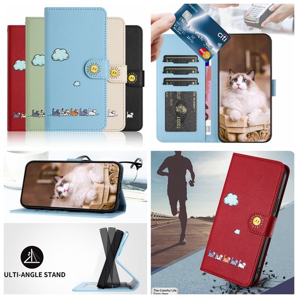 Smile Face Sun Capas carteira de couro PU para Xiaomi 13T Redmi 13C 4G 5G Note 13 Pro Plus Samsung A55 Cat Cute Clound Sun Flip Cover Animal ID Card Slot Holder Book Bolsa