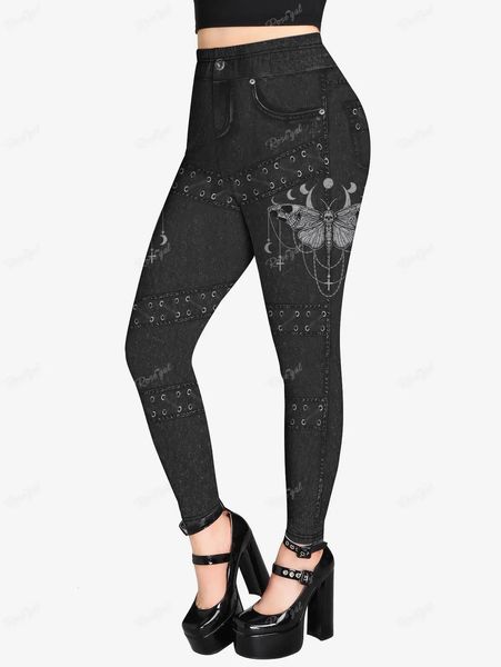Rosegal Plus Boyut Gotik Taytlar 3D Kelebek Jean Dantel Up Baskılı Pantolonlar S-5XL Kadın Sokak Giyim Sıkı Pantolon Mujer 240229