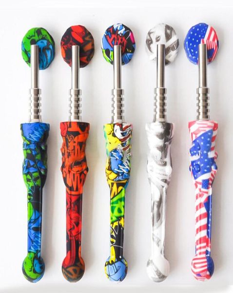 Renkli Baskı Silikon Sigara Boru Dabber NC Kolekor Kiti 14mm Titanyum Uç Tırnak Dab Saman Mini Yağ Teçhizatları Sigara Accessor8723552