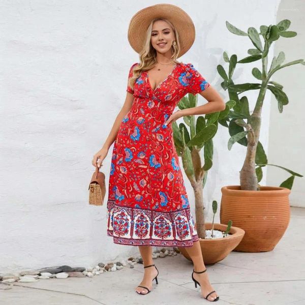 Lässige Kleider Weiches Midi-Kleid Bohemian-Druck V-Ausschnitt Sommer mit Patchwork-Saum für Frauen Retro-Stil Mittelkalb Länge Urlaub Strand